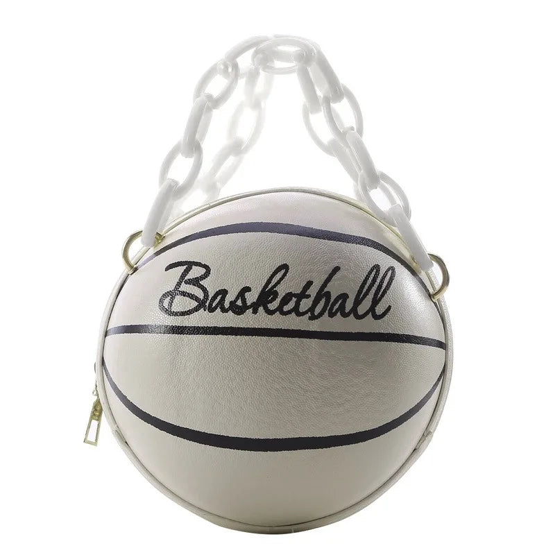 Women's Round Basketball Handbag – PU Leather Crossbody Bag with Zipper Closure & Cartoon Letter Detail