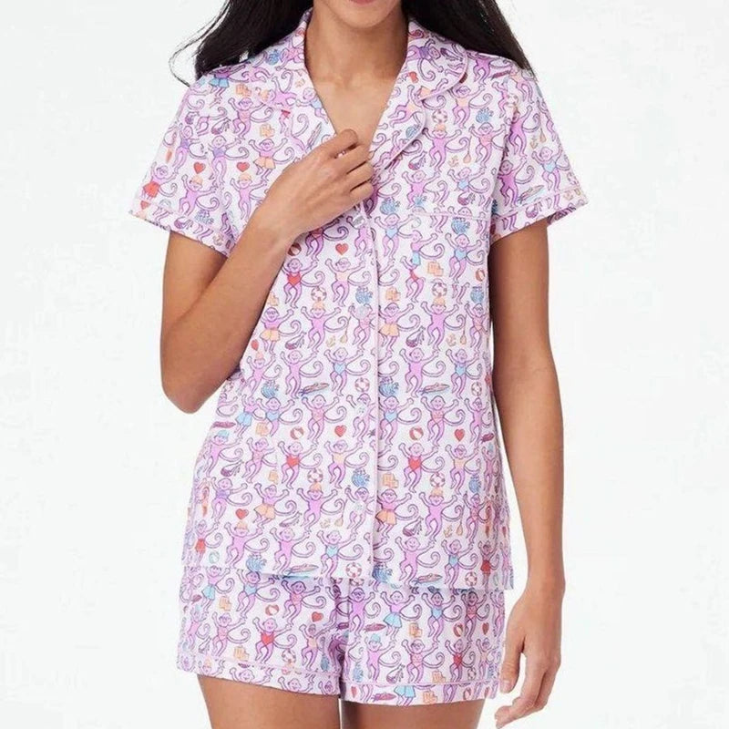 Women's Kawaii Cartoon Print Pajama Set – Y2K Short Sleeve Button-Up Shirt and Shorts Sleepwear for Summer Loungewear