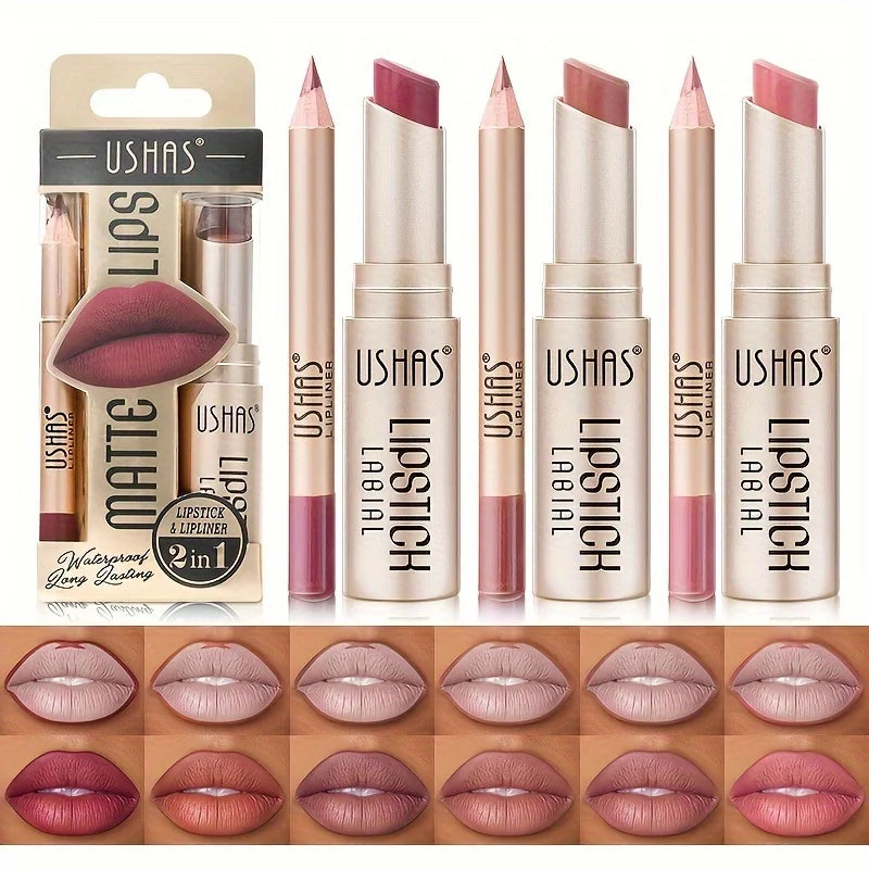 USHAS 12-Color Matte Lipstick & Lip Liner Set – Long-Lasting, Waterproof, Non-Stick Cup Makeup Kit