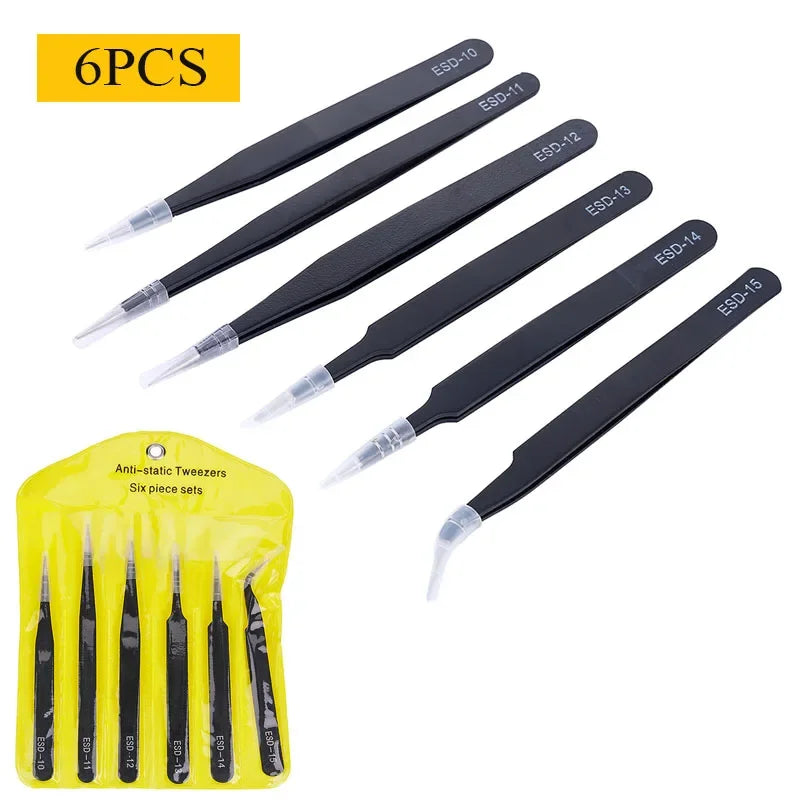 2/6PCS Anti-Static Precision Tweezers Set – Stainless Steel ESD Tweezers for Electronics, Soldering, Crafting, and Jewelry Repair