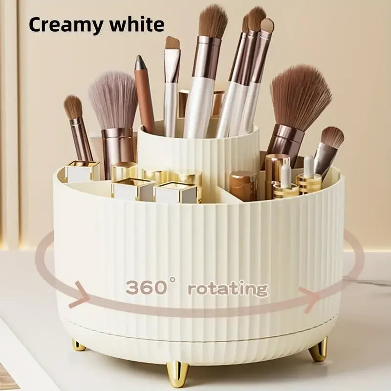 360° Rotating Makeup Organizer Box – Multi-Compartment Brush & Lipstick Holder with Vertical Stripe Design