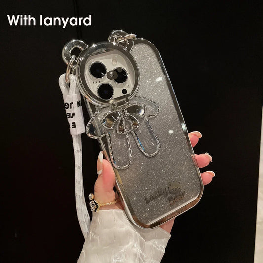 Cute Glitter Bear Crossbody Case for iPhone 11/12/13/14/15/16 Series – Gradient Soft Cover with Lanyard, Stand, and Camera Protection