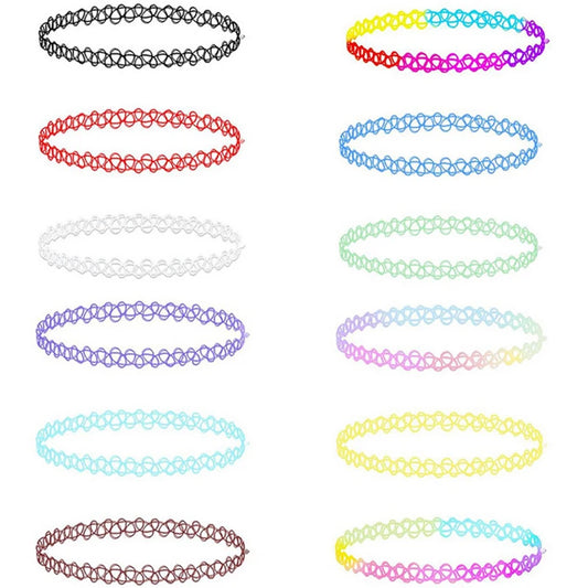 12-Piece Set Elastic Vintage Tattoo Choker Necklaces for Women – Stretchy Punk Style Neck Accessories