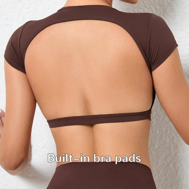 Backless Breathable Workout Crop Top – Short Sleeve Sports Shirt for Women