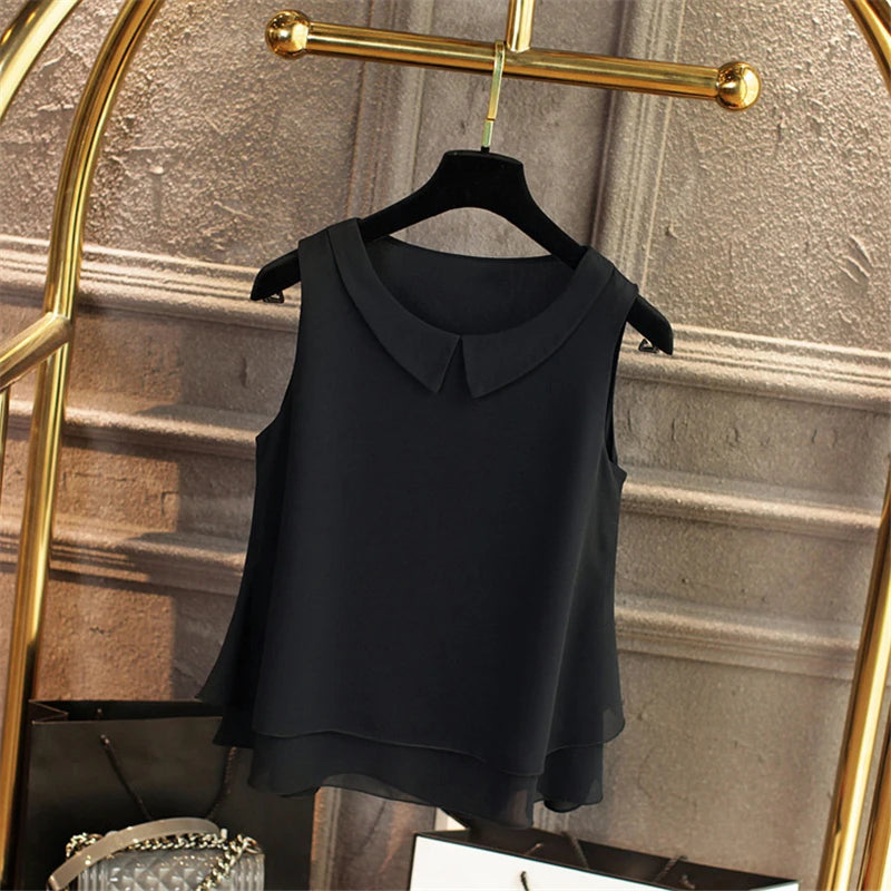 Sleeveless Chiffon Blouse with Peter Pan Collar – Oversized Summer Top for Women