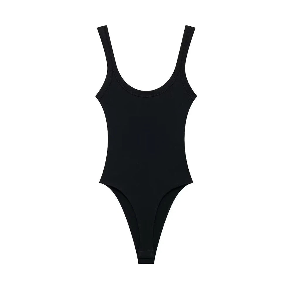 Skinny Ribbed Bodysuit for Women – O-Neck Strappy One-Piece with Snap Closure