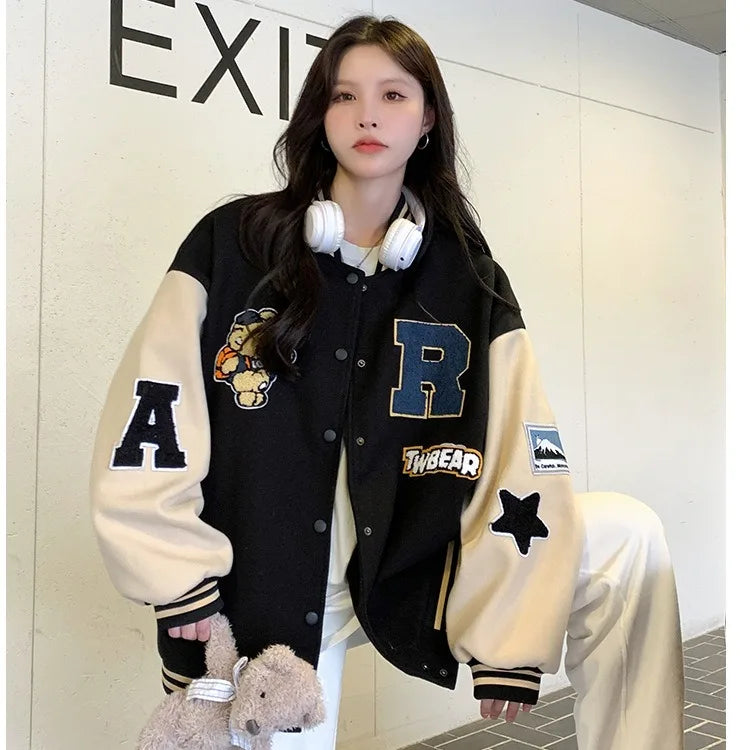 Women's American Retro Padded Baseball Jacket – Autumn/Winter Loose Fit Appliqué Varsity Coat