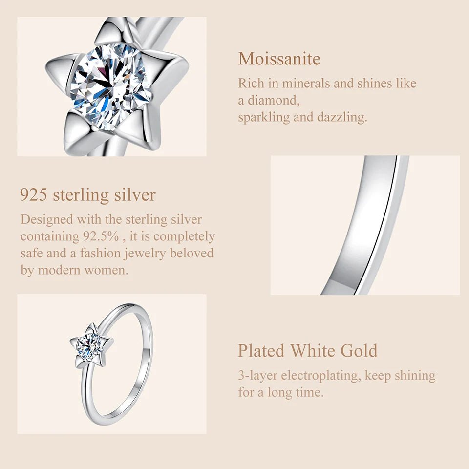 Star-Shaped Moissanite Ring – 0.3 Carat D Color VVS1 Stone on 925 Sterling Silver Pave Band for Women