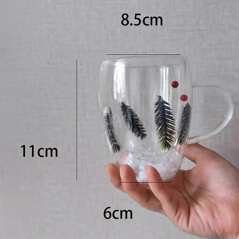 200/350ml Double Wall Glass Christmas Mug – Pine Leaf Snow Scene Coffee Cup, Heat-Insulated Holiday Drinkware