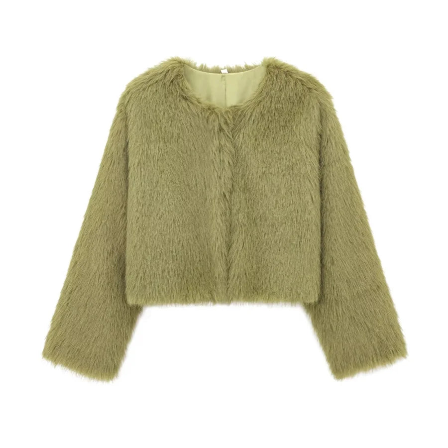 Women's Faux Fur Short Jacket – Round Neck Button-Up Coat for Autumn/Winter