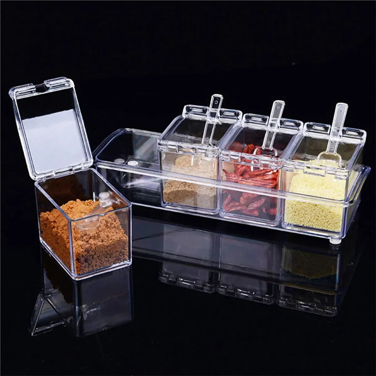 Clear Seasoning Box Set – 4 Crystal Spice Containers with Lids & Spoons, Compact Organizer for Kitchen or Camping