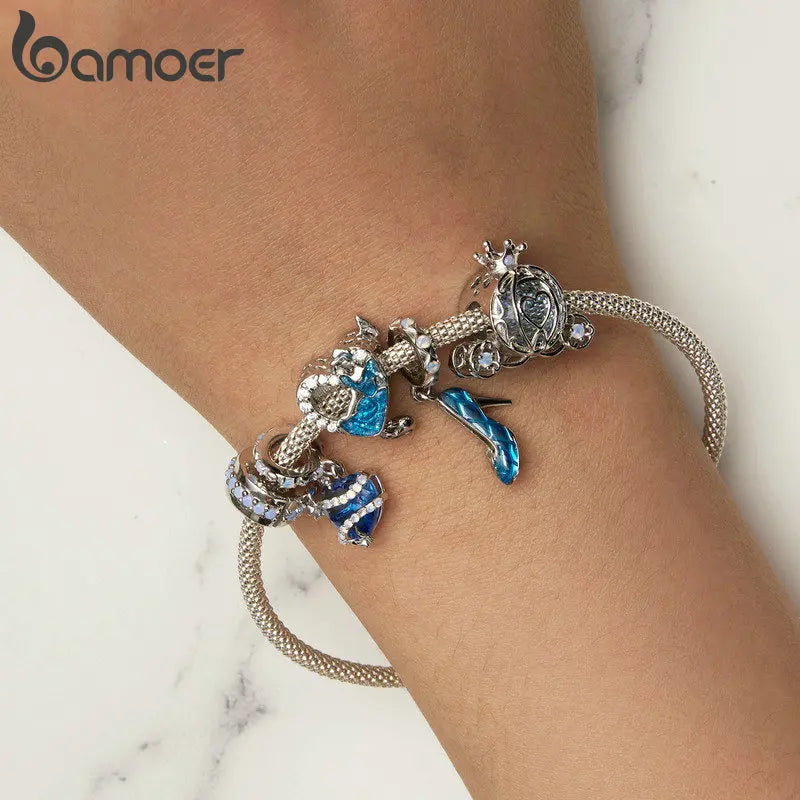 Sterling Silver Pumpkin Carriage & Dancing Shoes Charm Bead – Heart-Shaped Pendant for DIY Bracelets
