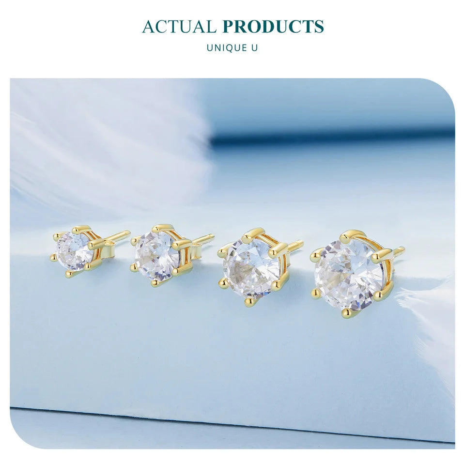 14K Gold Plated Sterling Silver Round CZ Stud Earrings – Hypoallergenic Cubic Zirconia for Women