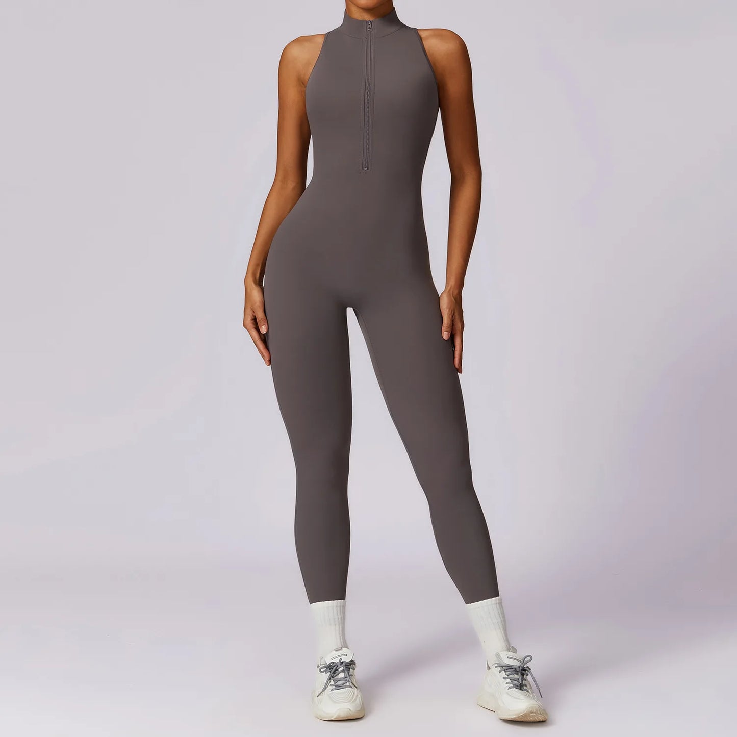 V-Back One-Piece Sports Jumpsuit for Women – Sleeveless Zipper Workout Romper for Yoga, Running & Fitness