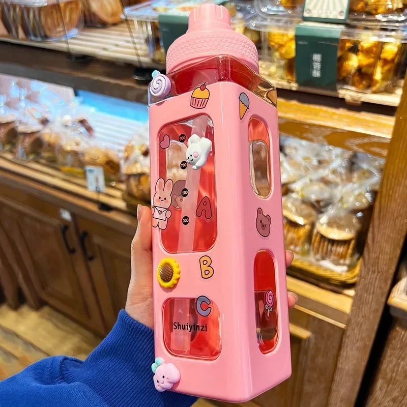 700ml/900ml Kawaii Pastel Straw Water Bottle – Cute Plastic Travel Cup for Juice, Tea, or Milk with Lid and Handle