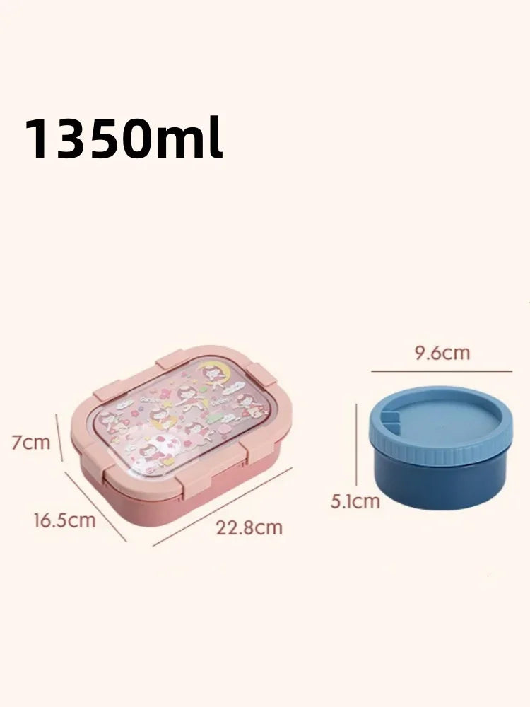 Cartoon Compartment Lunch Box for Kids – Leakproof Bento with Soup Bowl and Utensils, Microwave-Safe Meal Storage
