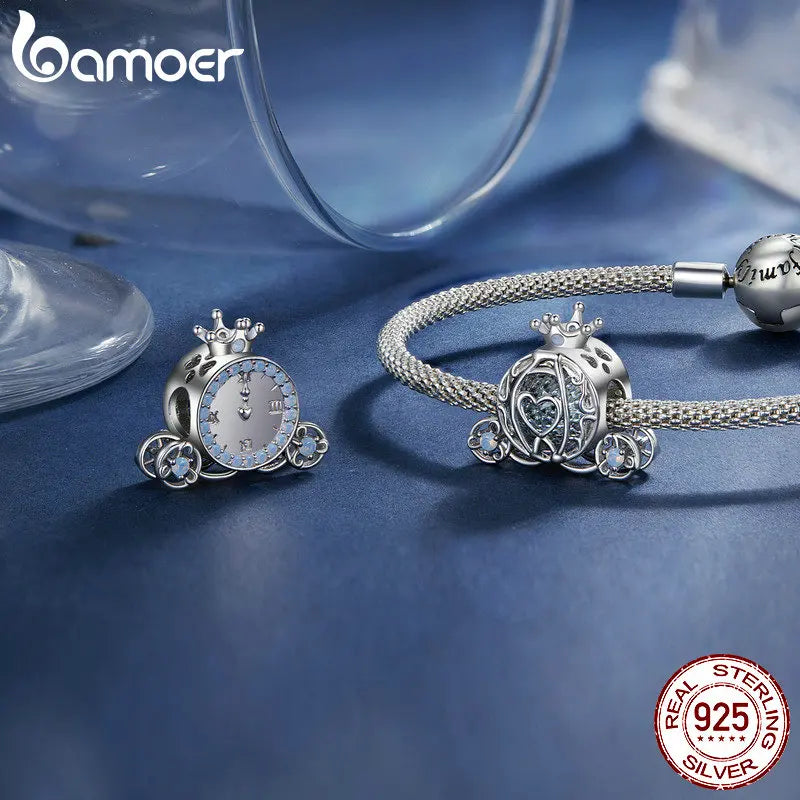Sterling Silver Pumpkin Carriage & Dancing Shoes Charm Bead – Heart-Shaped Pendant for DIY Bracelets