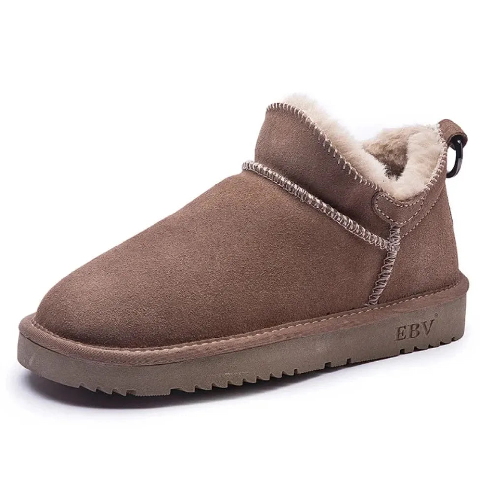 Women's Cow Suede Snow Boots – Short Plush Lined Mid-Calf Winter Boots with Anti-Slip Sole