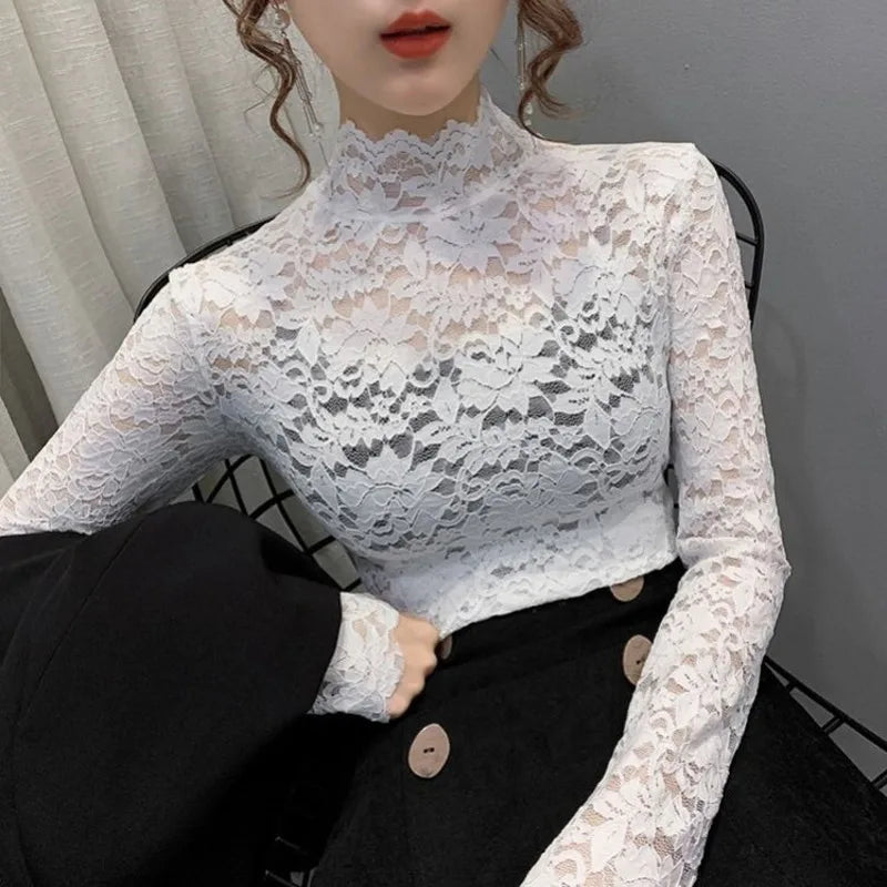 Versatile High Neck Lace Blouse – Elegant Slim Fit with Mock Neckline and Lace Trim