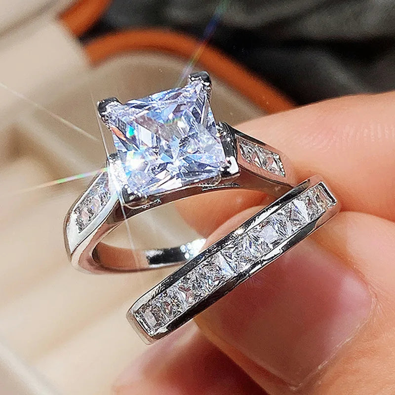 18K White Gold 2-Piece Cushion Cut Diamond Ring Set for Women – 2 Carat Four-Prong Engagement and Wedding Bands with Side Stones