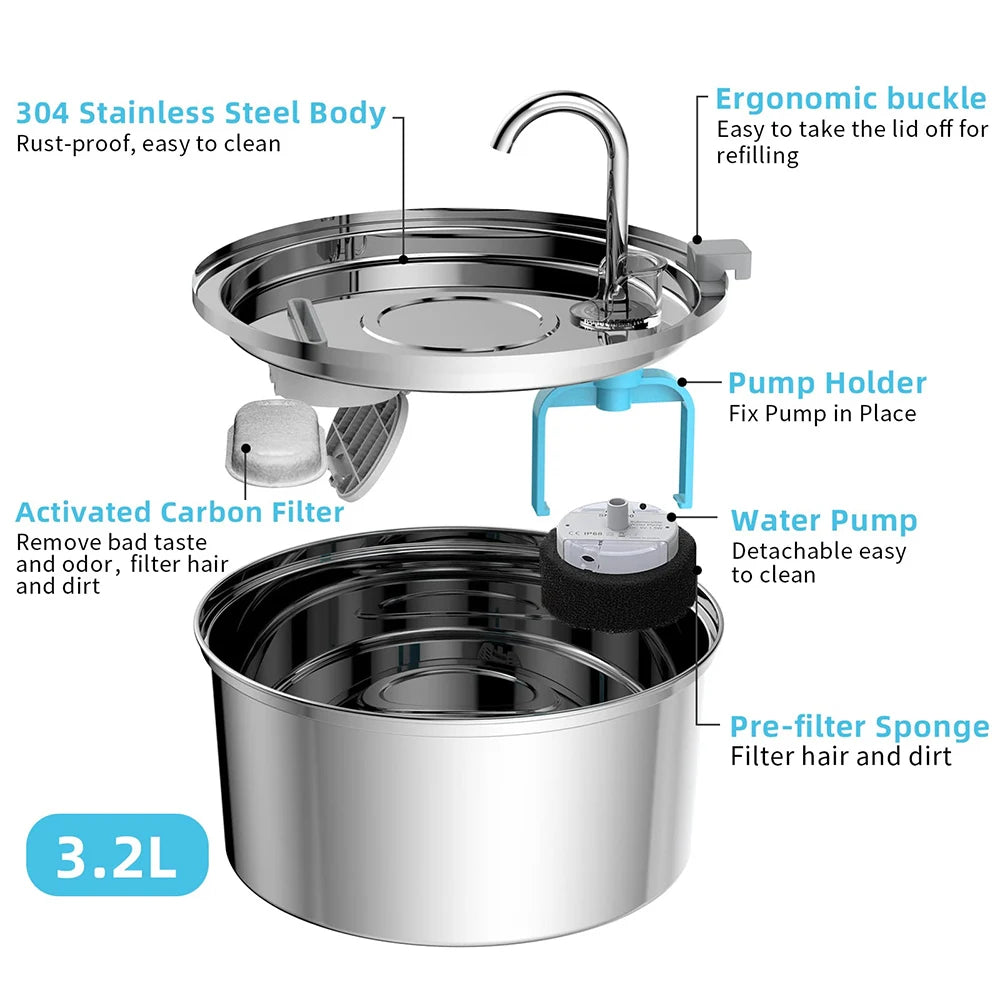 3L Stainless Steel Pet Water Fountain – USB Quiet Smart Automatic Drinking Bowl with Dual Filter for Cats & Dogs