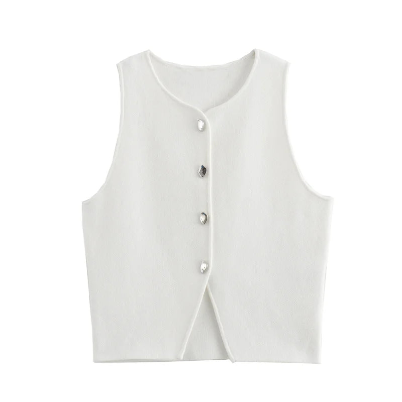 Slim Fit Knit Button Vest – Sleeveless Round Neck Solid Color Crop Top