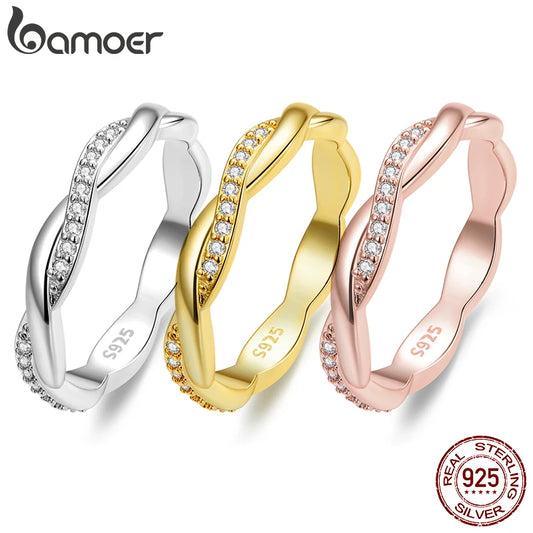 925 Sterling Silver Twisted Eternity Ring with Cubic Zirconia – 14K Gold Plated Wedding Band for Women