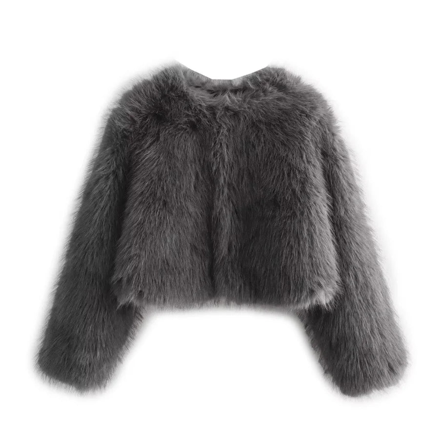 Women's Faux Fur Short Jacket – Round Neck Button-Up Coat for Autumn/Winter