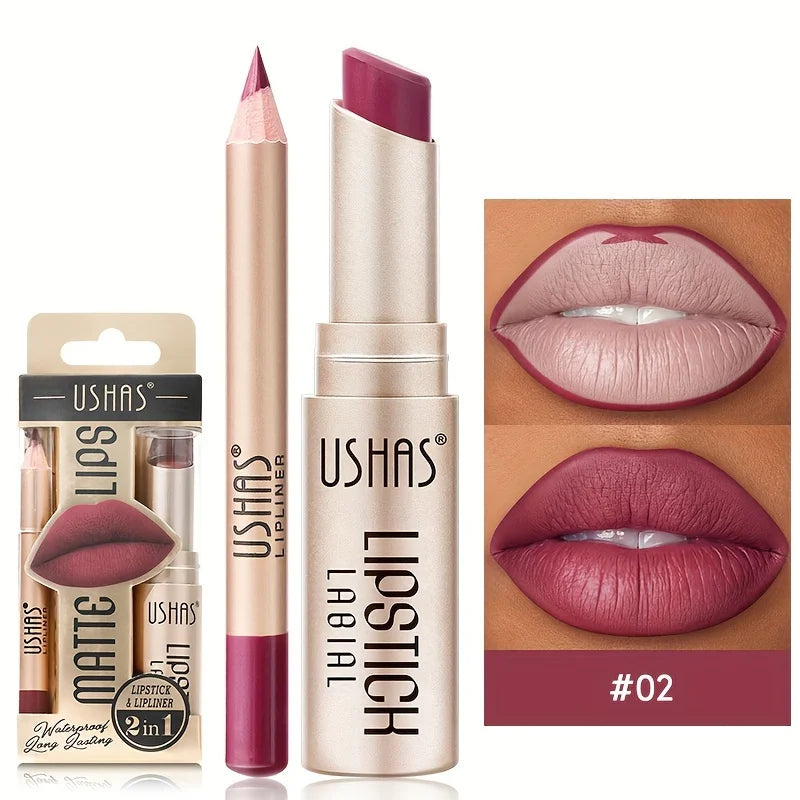 USHAS 12-Color Matte Lipstick & Lip Liner Set – Long-Lasting, Waterproof, Non-Stick Cup Makeup Kit