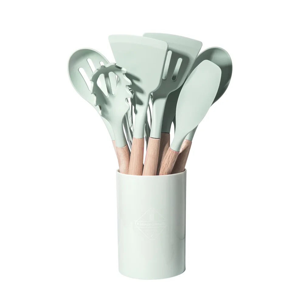 12-Piece Silicone Kitchen Utensil Set – Non-Stick Cooking Tools with Wooden Handles and Heat-Resistant Spatulas & Spoons