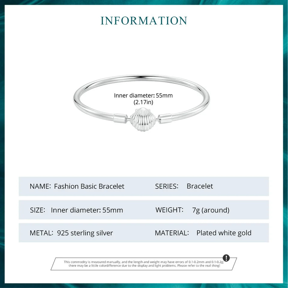 Sterling Silver Charm Bangle with Heart or Shell Design – Classic 925 Basic Bracelet for Women DIY Jewelry