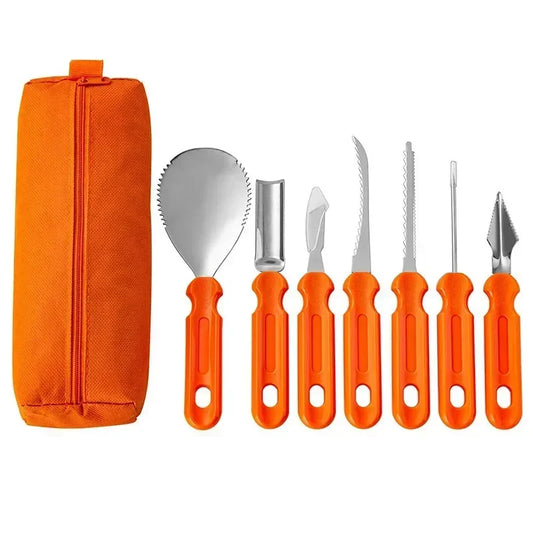 7-Piece Pumpkin Carving Tool Set – Stainless Steel Halloween Fruit & Clay Sculpture Kit with Storage Bag