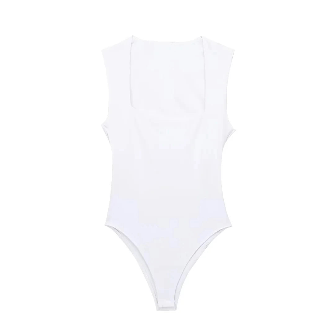 Square Neck Sleeveless Bodysuit – Skinny Fit One-Piece for Women, Solid Color Streetwear Style