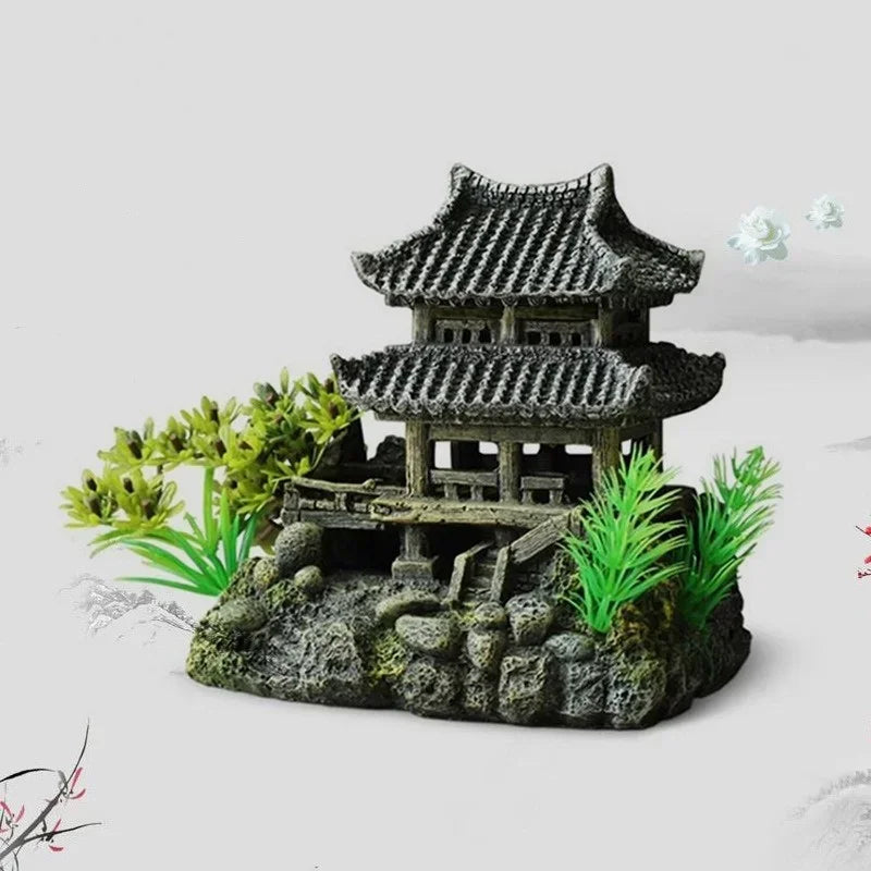 Ancient-Style Resin Landscape House Aquarium Decoration – Simulation Fish Tank Ornament for Aquascaping and Tank Design (299g / 335g)