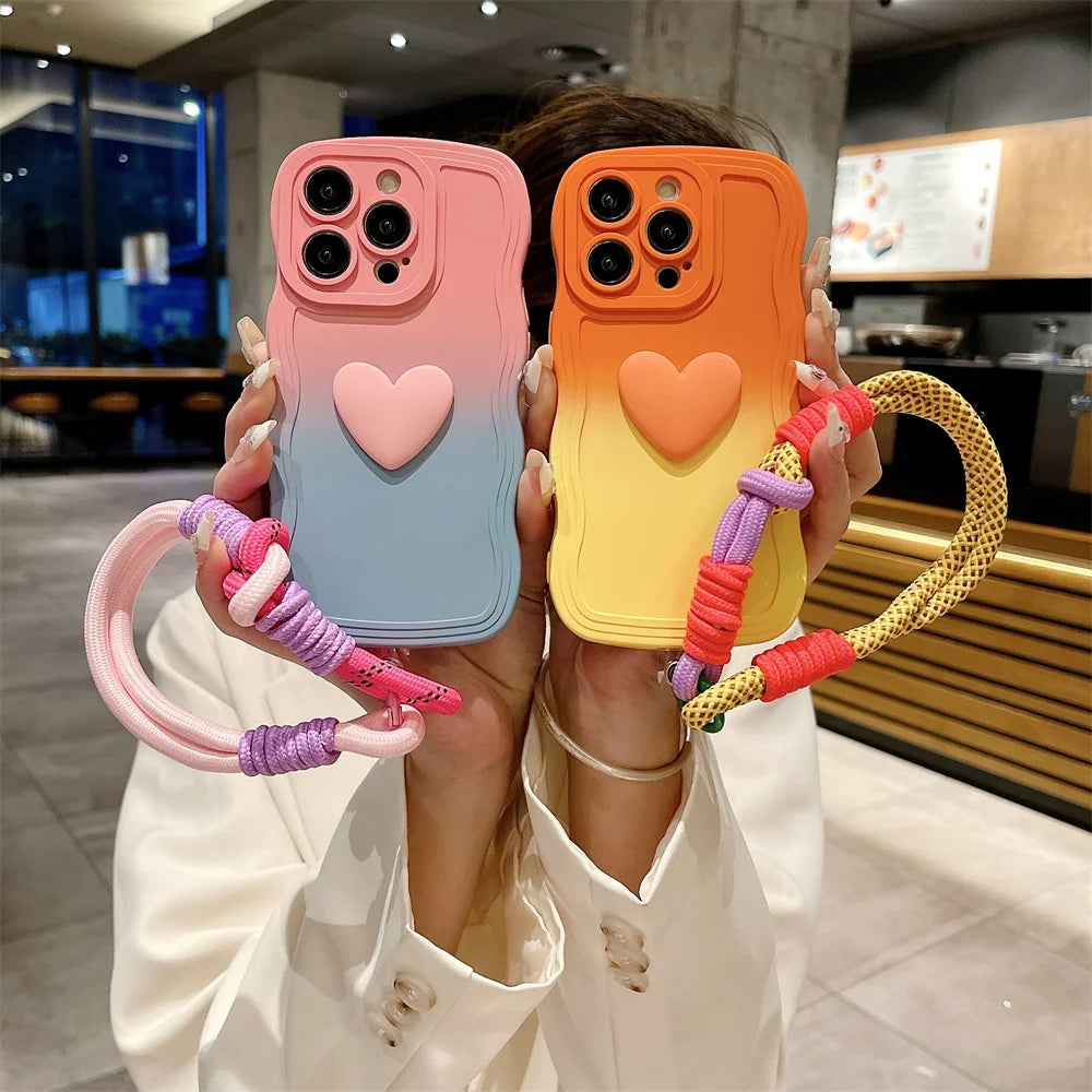 Cartoon Love Heart Gradient Case with Lanyard for iPhone 16/15/14/13/12/11/X/8/7 – Soft Wave Edge Wrist Strap Cover