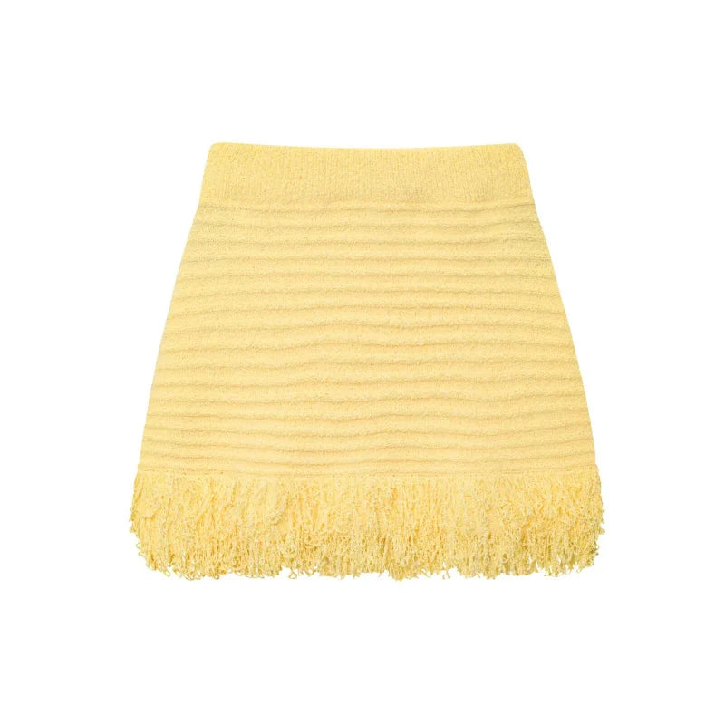 Women's Elegant Knit Two-Piece Set – Tassel Embellished Hollow Out Short Sleeve Blouse & Mini Skirt