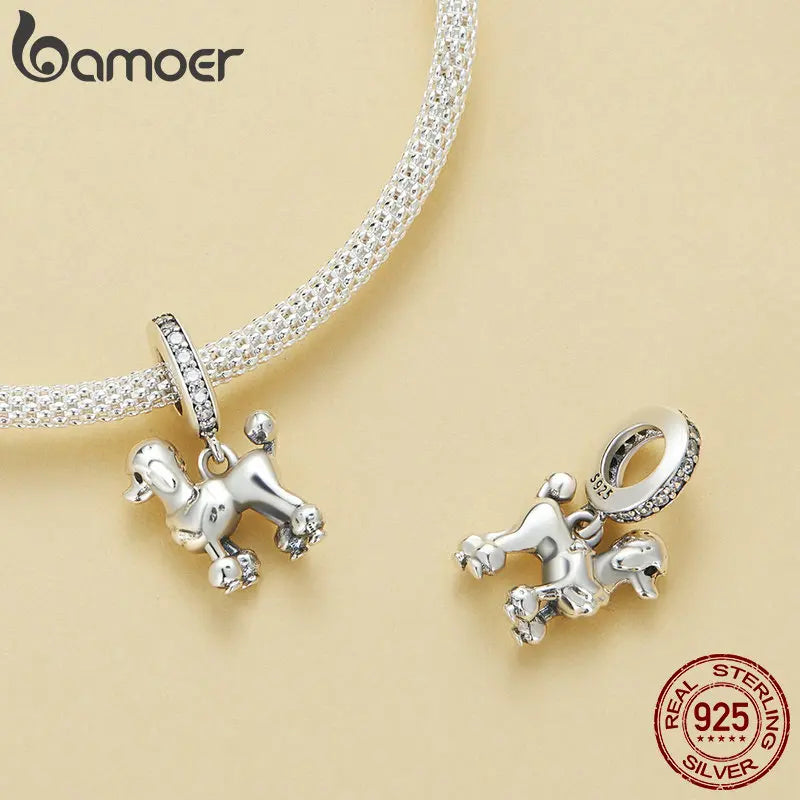 Sterling Silver Dog Charm Bead – Poodle & Dachshund Pendant for Charm Bracelets, DIY Jewelry for Women
