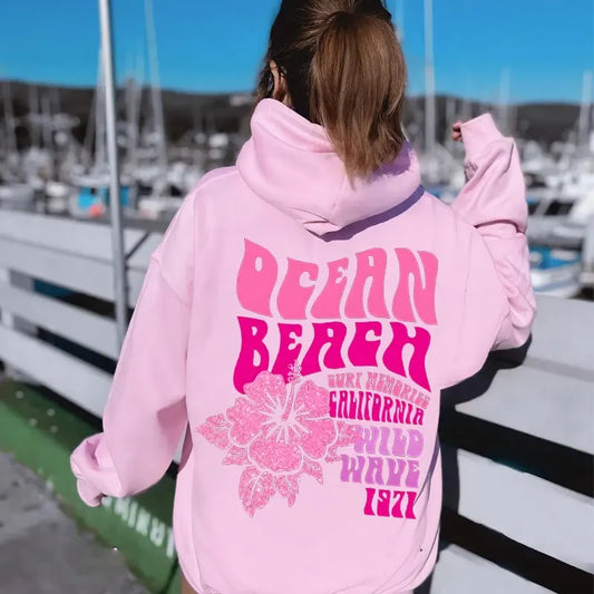 Beach Aesthetic Pink Hoodie with Ocean Flower Slogan – Casual Fleece Pullover Sweatshirt for Women