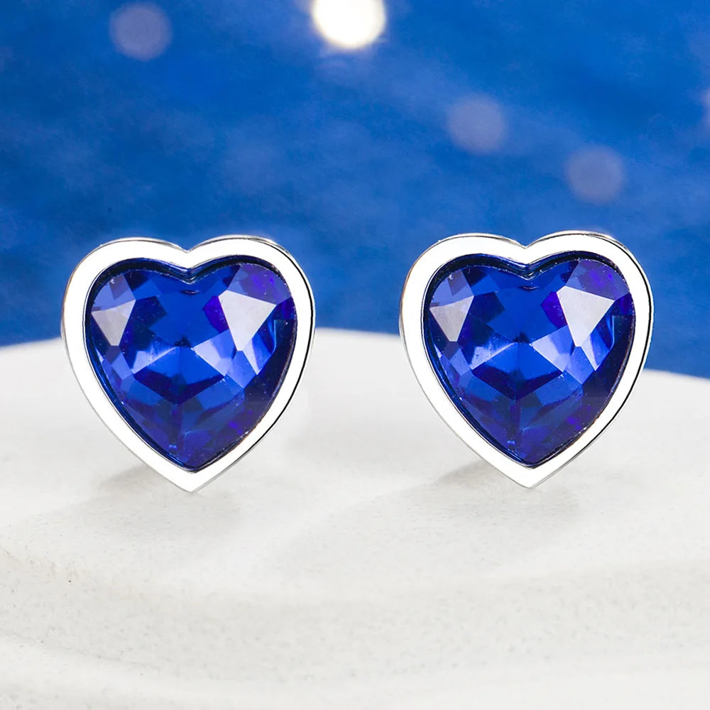 925 Sterling Silver Heart-Shaped Blue Crystal Stud Earrings – Romantic Wedding Jewelry for Women