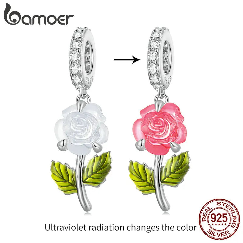 925 Sterling Silver Rose Hanging Charm – Color-Changing Flower Pendant for Bracelet or Necklace DIY