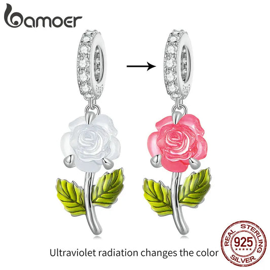 925 Sterling Silver Rose Hanging Charm – Color-Changing Flower Pendant for Bracelet or Necklace DIY
