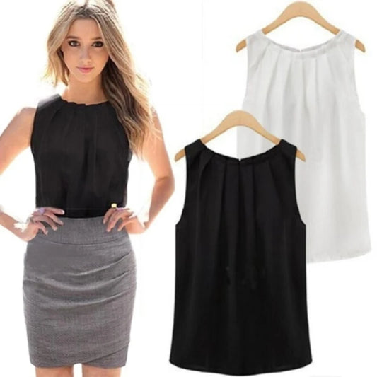 Women's Sleeveless Chiffon Blouse – Round Neck Solid Color Lightweight Summer Top