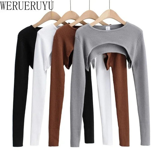 Women's Y2K Long Sleeve Crop Top – Slim Fit O-Neck Knitted Tee for Spring and Autumn Harajuku Aesthetic Fashion