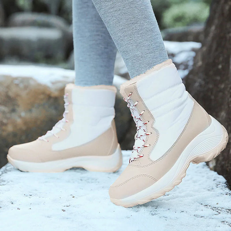 Women's Mid-Calf Winter Boots – Warm Plush Lined Platform Boots with Wedge Heel and Lace-Up Design