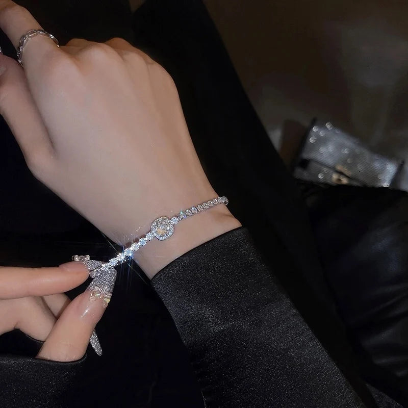 18K Gold Plated Adjustable Bracelet for Women – Rhinestone Heart Link with Square Zircon Charm