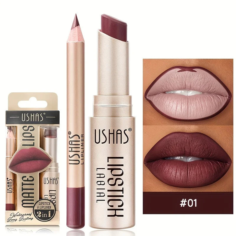 USHAS 12-Color Matte Lipstick & Lip Liner Set – Long-Lasting, Waterproof, Non-Stick Cup Makeup Kit