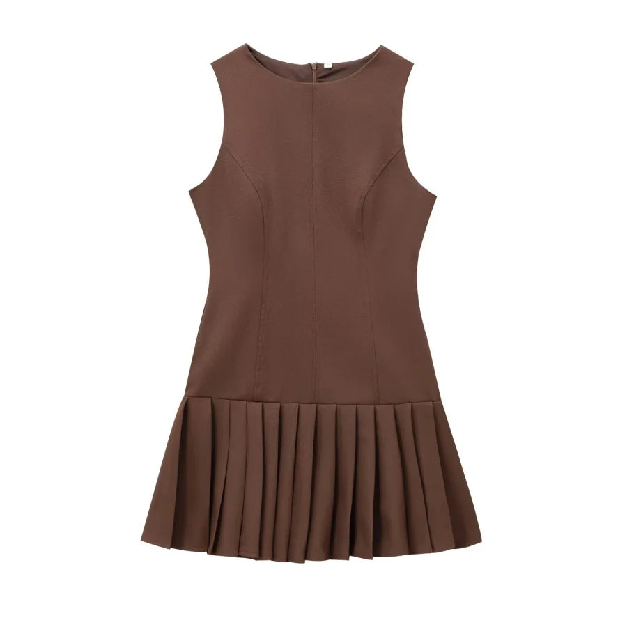 Brown Sleeveless 3D Cutout Mini Dress with Pleated Skirt and Round Neck