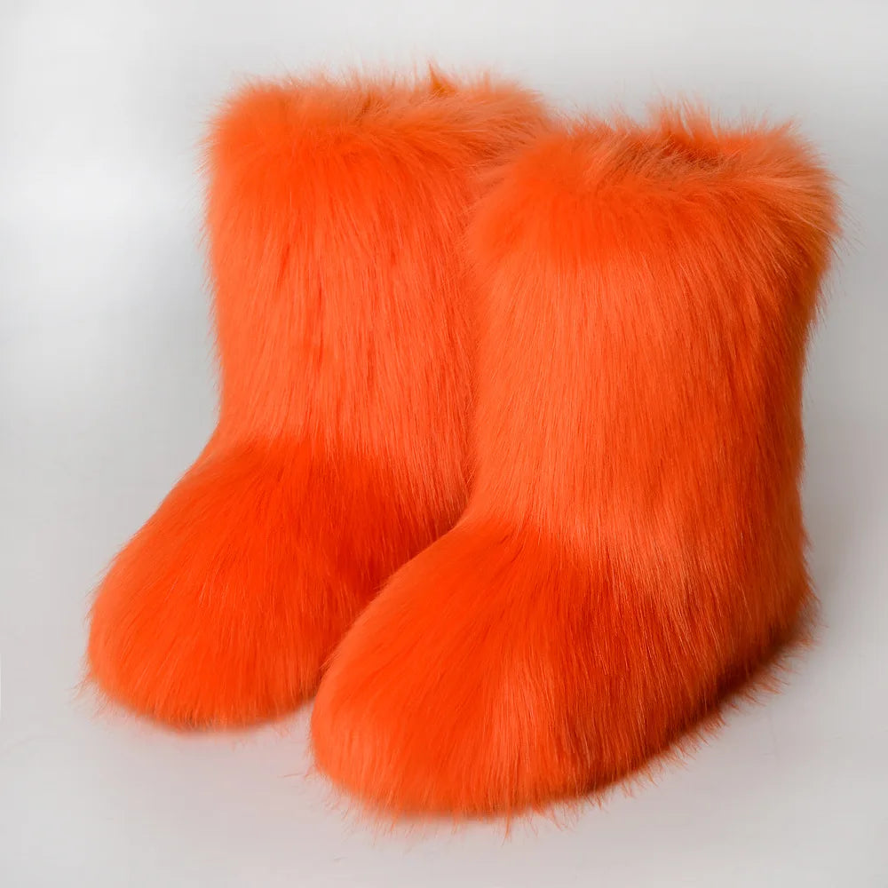 Women's Faux Fur Winter Snow Boots – Fluffy Plush Mid-Calf Slip-On Boots with Flat Sole for Cold Weather Comfort