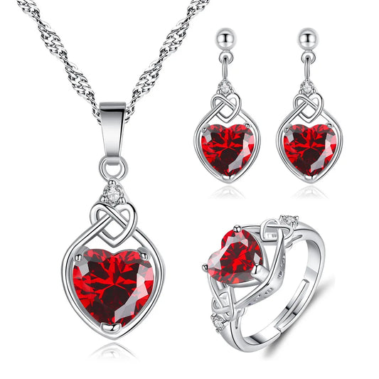 3-Piece 925 Sterling Silver Red Heart Zircon Jewelry Set – Elegant Ring, Earrings & Necklace for Women