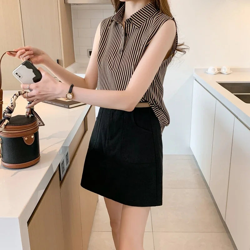 Striped Sleeveless V-Neck Blouse for Women – Slim Fit Chiffon Office Shirt, Elegant Summer Fashion